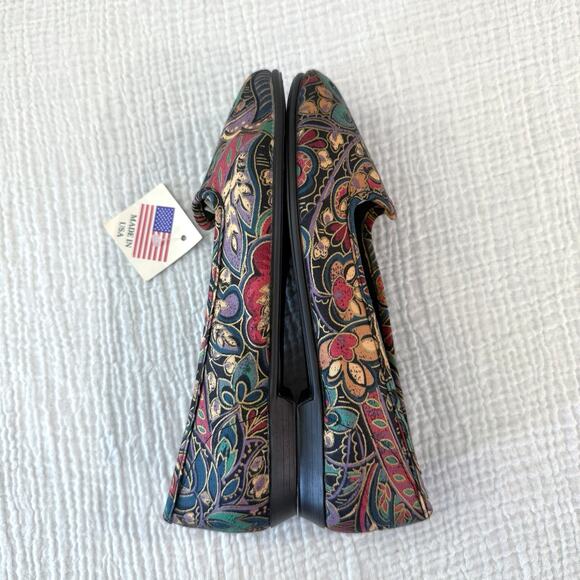 Vintage 80s 90s Ballet Flats Size 7 Canvas Fabric Paisley Jewel Gold New - Picture 4 of 10